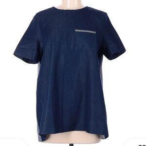 Rungolee Two Tone Navy Blue Stripe Pocket Crewneck Zip Back Blouse M